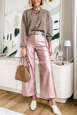 Colette Metallic Faux Leather Pocket Cropped Wide Leg Stretch Pants