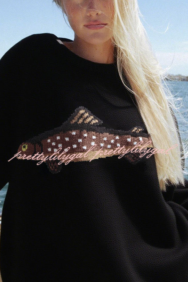 Fashionable Fish Pattern Round Neck Loose Knitted Sweater