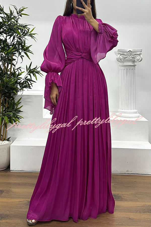 Ellah Shiny Fabric Chinese Stand Collar Twist Waist Balloon Sleeve Maxi Dress