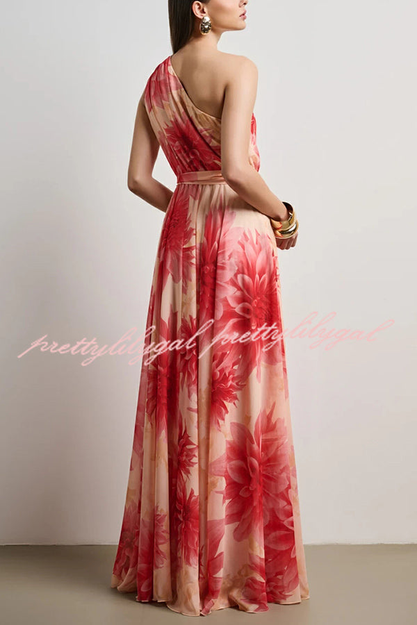 Floral Print One Shoulder Waist Tie Full Hem Resort Style Maxi Dress