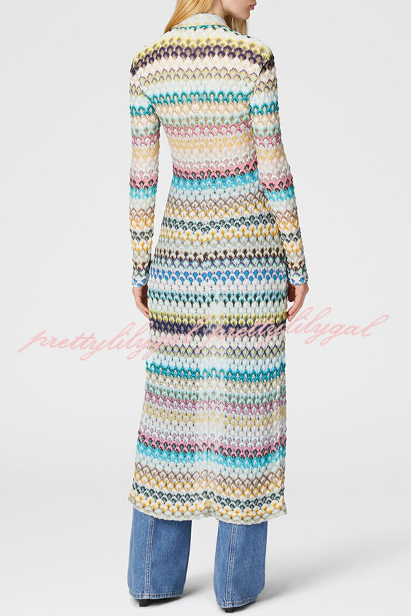 Anna Knit Colorful Herringbone Print Shirt Neck Button Long Sleeve Slim-fit Long Cardigan