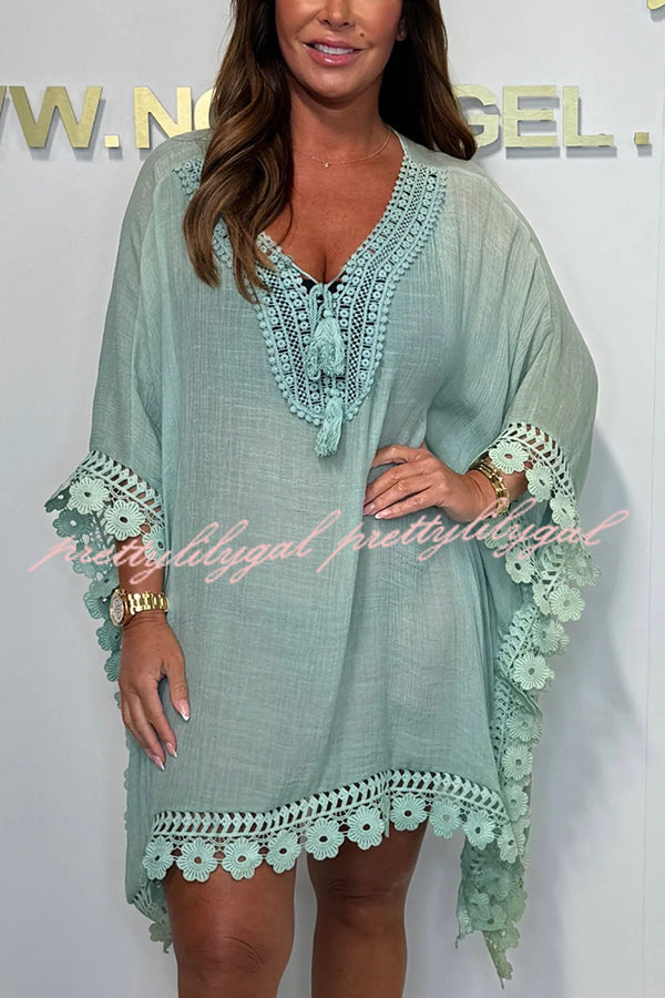 Solid Color Casual Lace Loose Cover Up Mini Dress