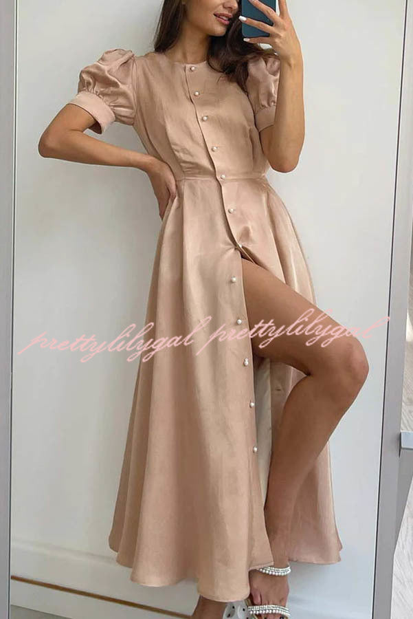 Chic and Classy Vibe Puff Sleeve Pearl Button Slit Midi Dress