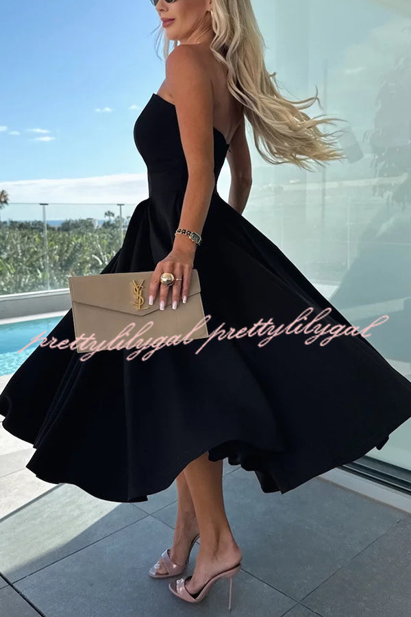 Sweet Cascade Solid Color Off Shoulder Pocket Full Hem Midi Dress