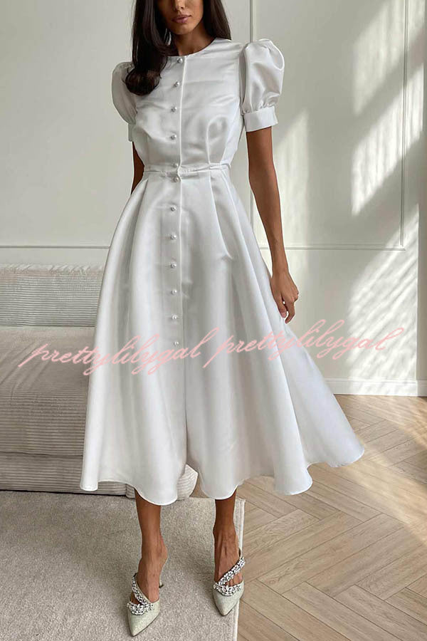 Chic and Classy Vibe Puff Sleeve Pearl Button Slit Midi Dress