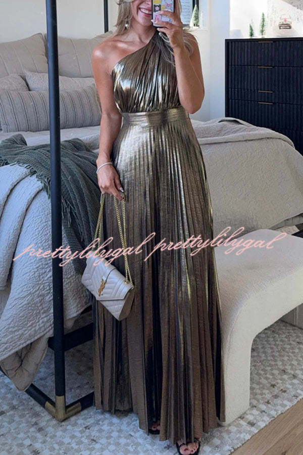 Be My Guest Metallic Fabric Pleated One Shoulder Maxi Dress prettylilygal Be My Guest Metallic Fabric Pleated One Shoulder Maxi Dress prettylilygal