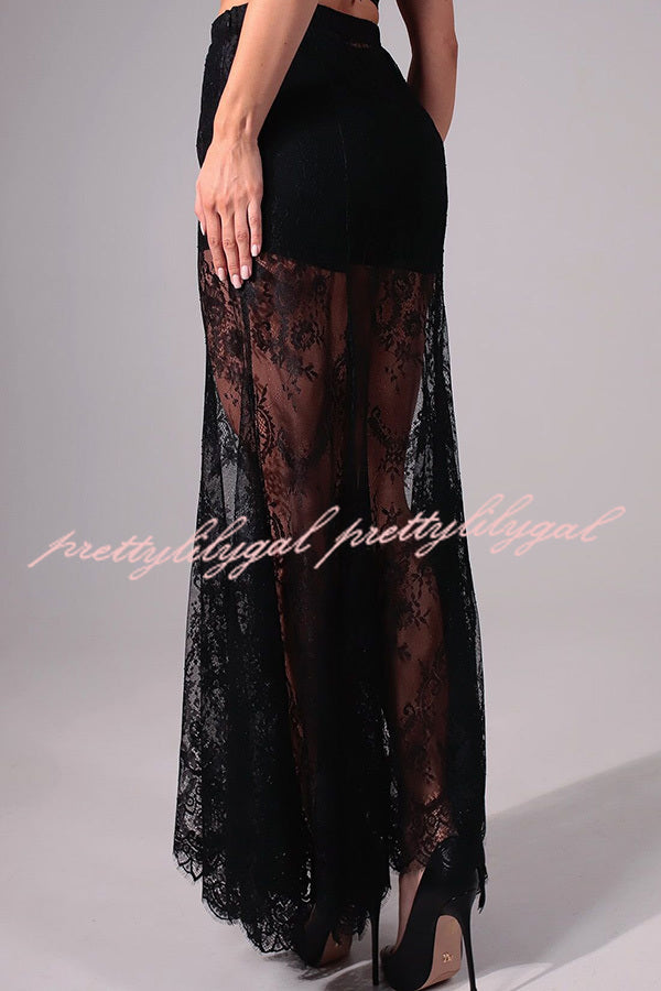 Perfect Party Lace Elastic Waist Contains Lining A-line Maxi Skirt