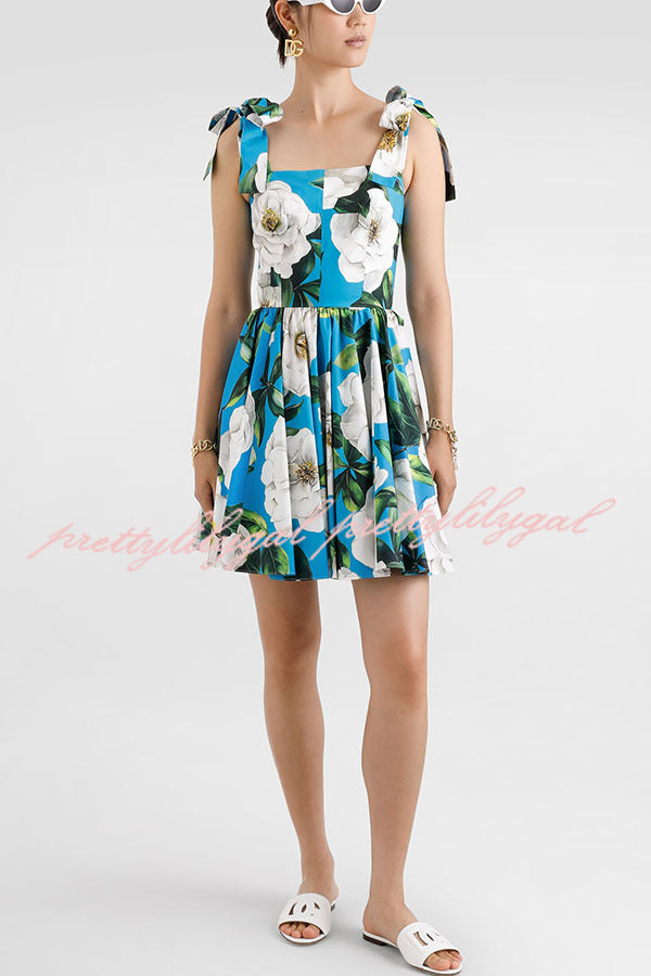 Fresh and Romantic Floral Print Square Neck Knotted Straps Mini Dress