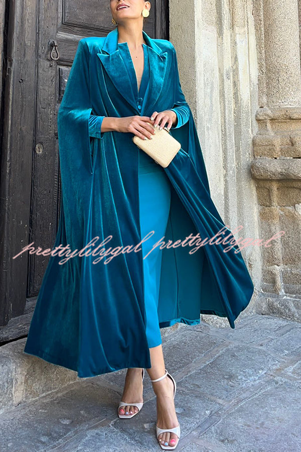Olivienne Luxurious Velvet Padded Shoulders Slit Sleeve Lapel Midi Cape
