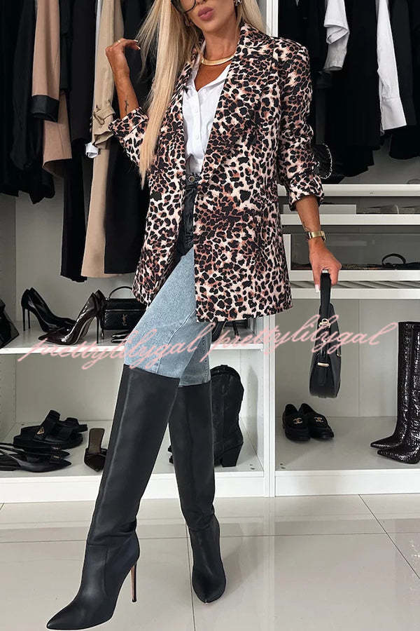 Choose Unique Leopard Print Lapel Long Sleeve Relaxed Blazer