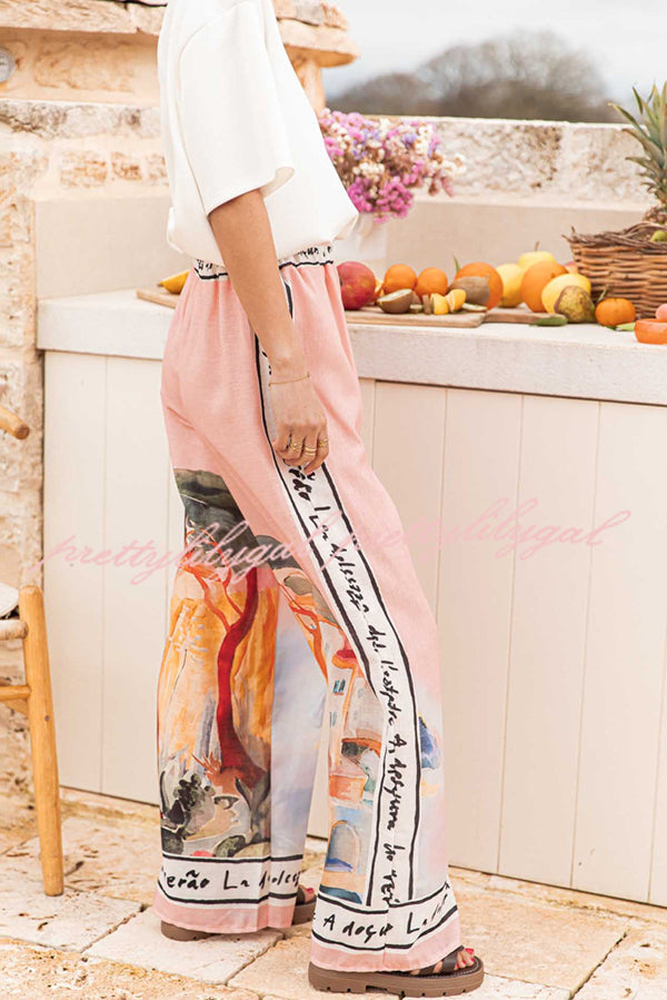 Unique Printed Elastic Waist Vacation Casual Wide Leg Pants