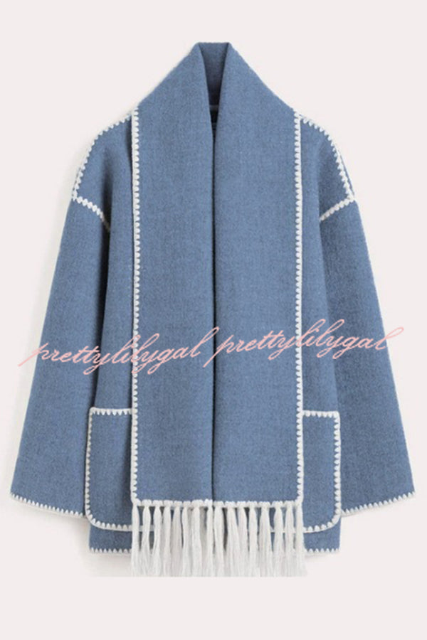 Stylish Loose Pocket Long Sleeve Coat and Warm Fringed Scarf