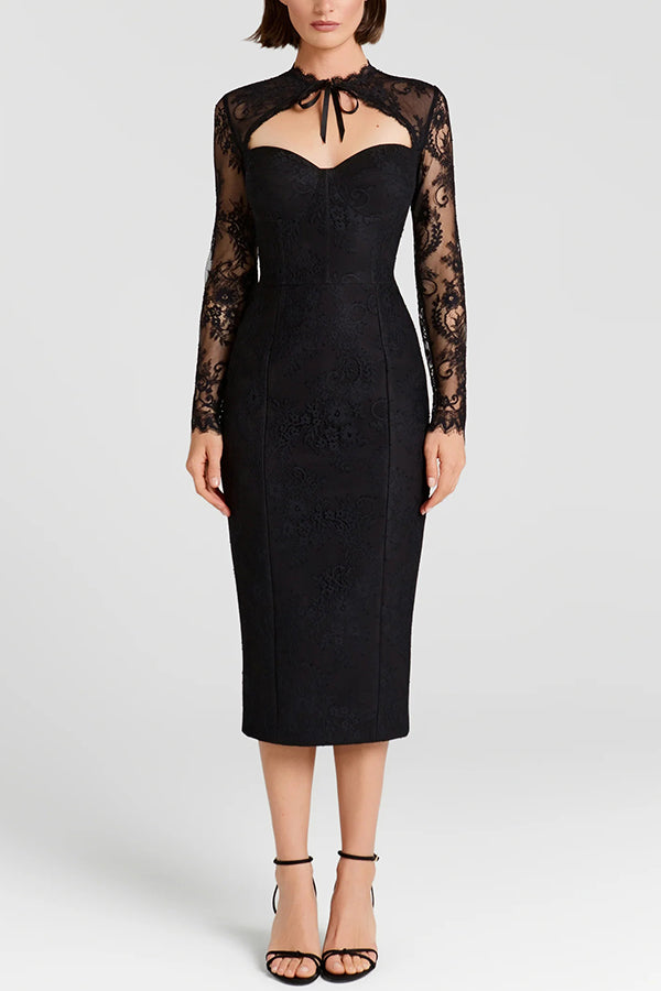 Mylene Lace Corset Cut Sweetheart Tie-up Neck Sheer Long Sleeve Slit Midi Dress
