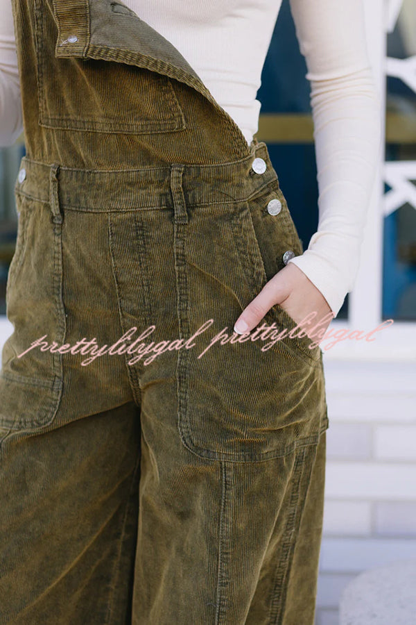 Falling Leaves Corduroy Metal Buckle Pocket Wide Leg Jumpsuit Overalls