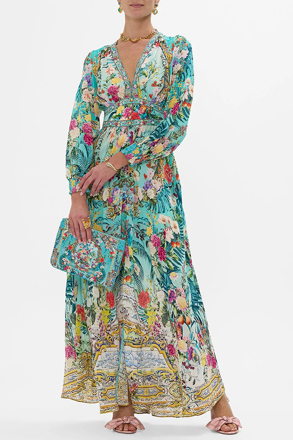 Fairy Tale Print V-Neck Lantern Sleeve Waist Maxi Dress