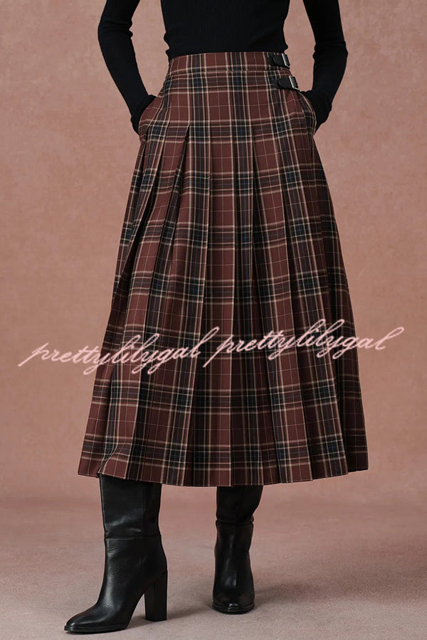 Yehudit Plaid Belt Buckle Design High Rise Pocket Midi Umbrella Skirt