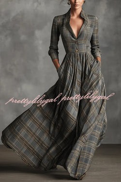 Plaid Print Long Sleeve Slim Fit Casual Pocket Maxi Dress