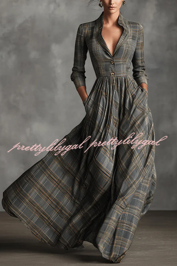 Plaid Print Long Sleeve Slim Fit Casual Pocket Maxi Dress