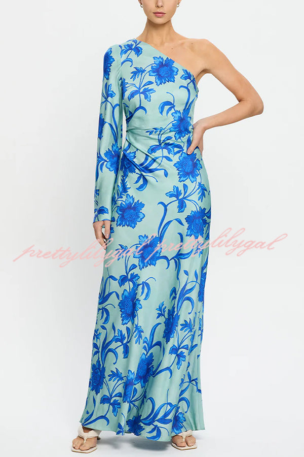 Satin Botanical Print One-Sleeve Resort Maxi Dress