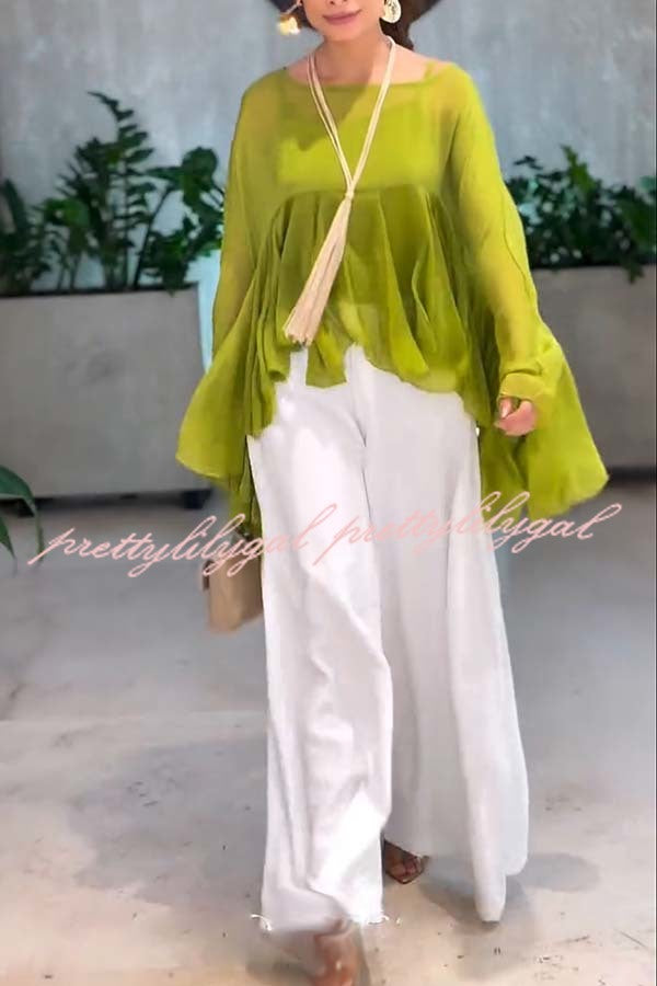 Romantic Journey Chiffon Ruffle Batwing Sleeve Top and Elastic Waist Pocket Loose Pants Set