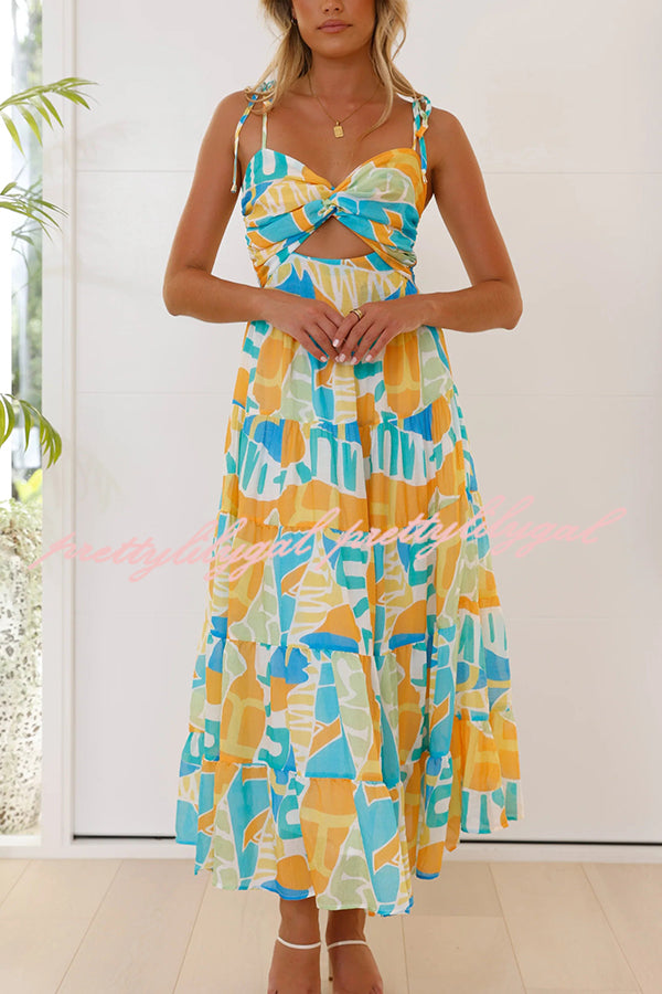 Unique Printed Suspender Tie Back Pleated Midi Dress