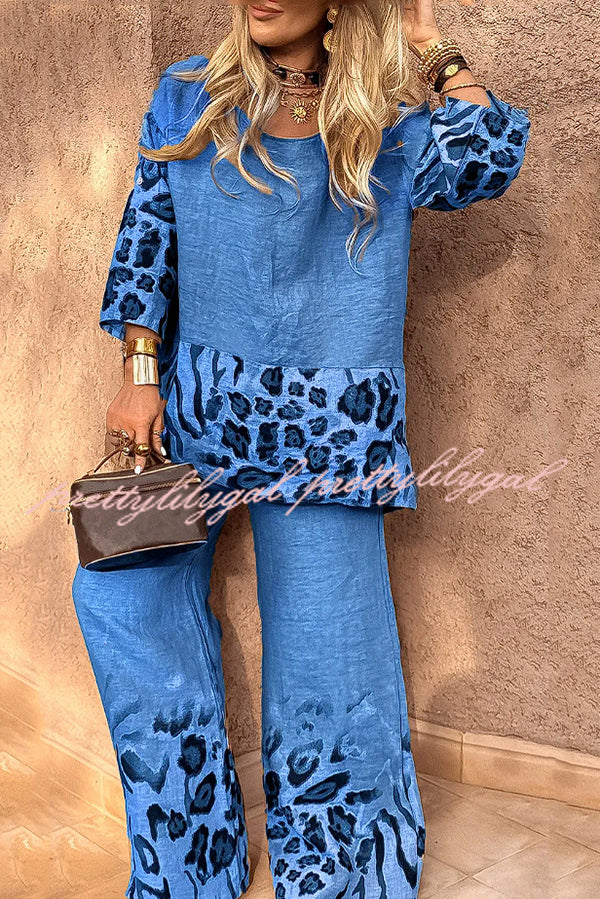 Leopard Print Crew Neck Loose Top and Elastic Waist Casual Wide-leg Pants Set