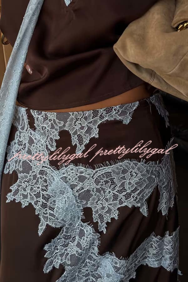 Sunday Social Contrast Color Satin Lace Trim Mid Rise Maxi Skirt