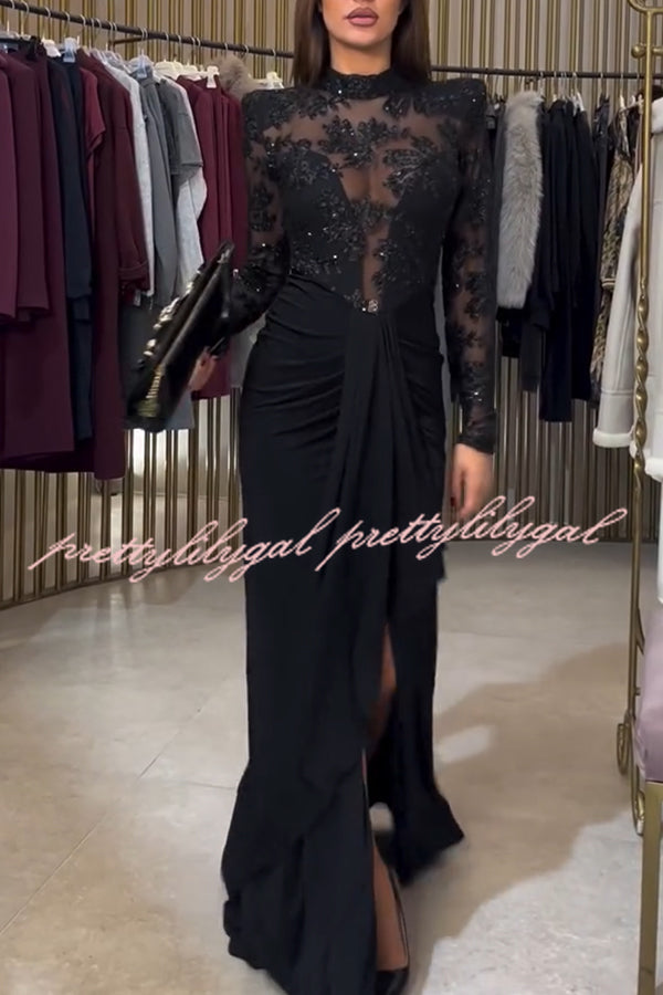 Fenna Sheer Floral Sequin Shoulder Pads Long Sleeve Drape Slit Maxi Dress