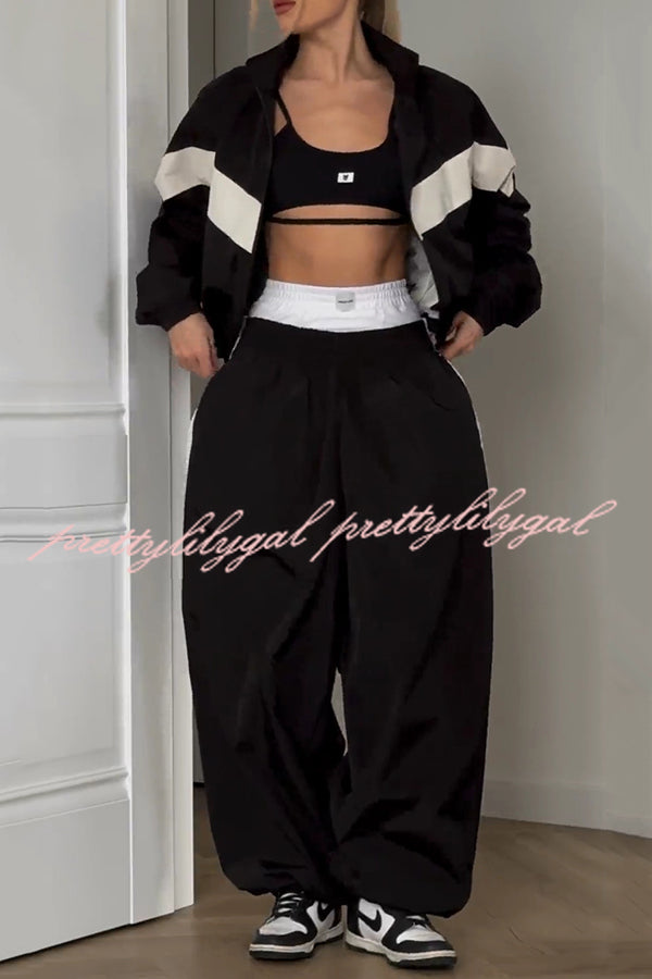 Fashionable Contrasting Long-sleeved Loose Coat and Elastic Waist Wide-leg Pants Set
