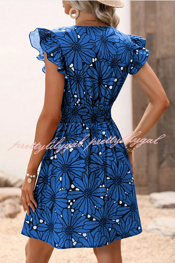 Wonderful Weekend Floral Print Ruffle Sleeve Elastic Waist Mini Dress