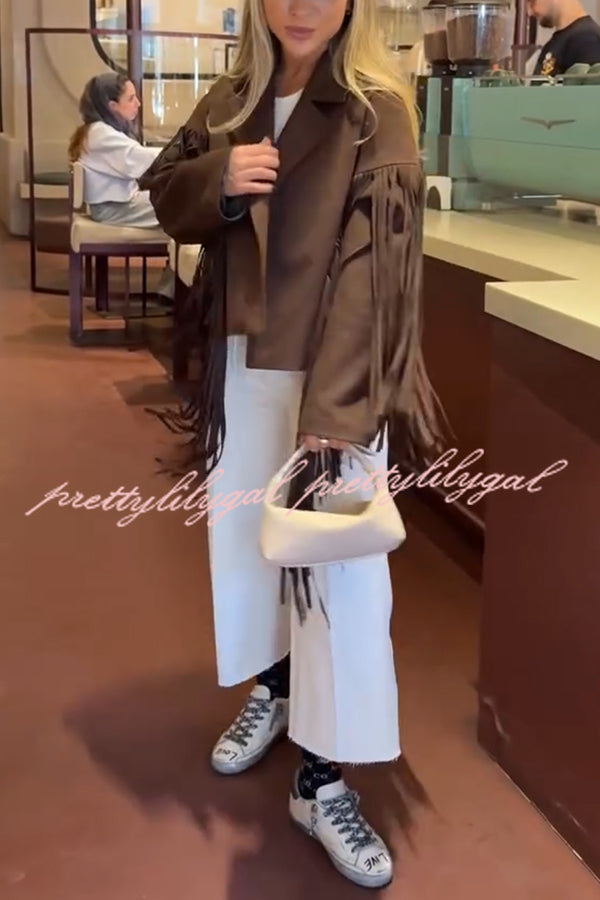 Western City Suede Long Tassels Long Sleeve Lapel Relaxed Jacket