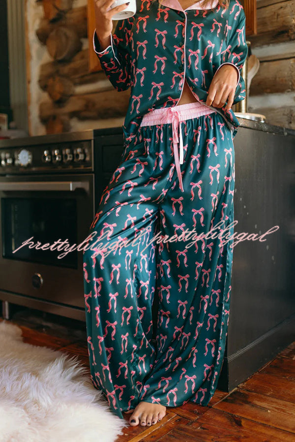 Satin Bow Print Long sleeve Loose Shirt and Elastic Waist Tie Loose Pants Set