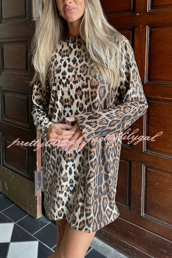 Charming Lady Sequin Leopard Print Long Sleeve H-line Loose Mini Dress