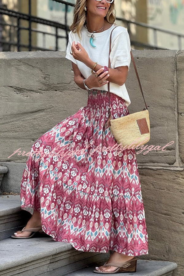 Resort Style Unique Print Pleated Elastic Waist Maxi Skirt