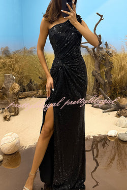 Coquette Crush Sequin One Shoulder Flower Pendant Ruched Slit Maxi Dress