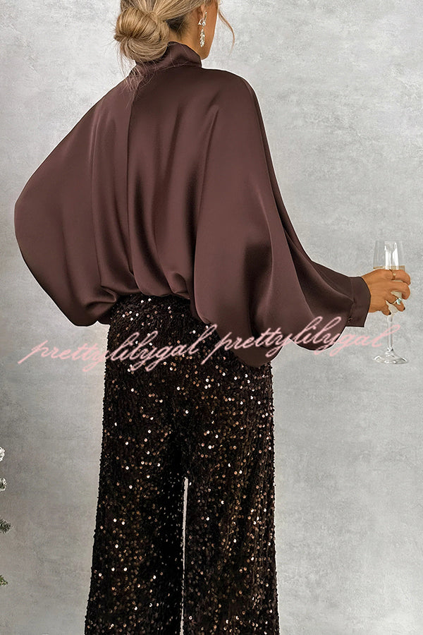 Chic and Merry Satin Bow Neck Batwing Sleeve Loose-fitting Blouse