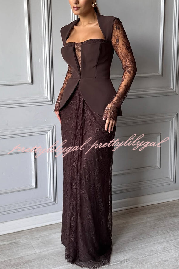 Belle Contrast Sheer Lace Fabric Patchwork Square Neck Long Sleeve Drape Maxi Dress