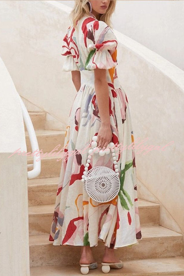 Lover's Gaze Watercolor Floral Printed Puff Sleeve Button Maxi Dress