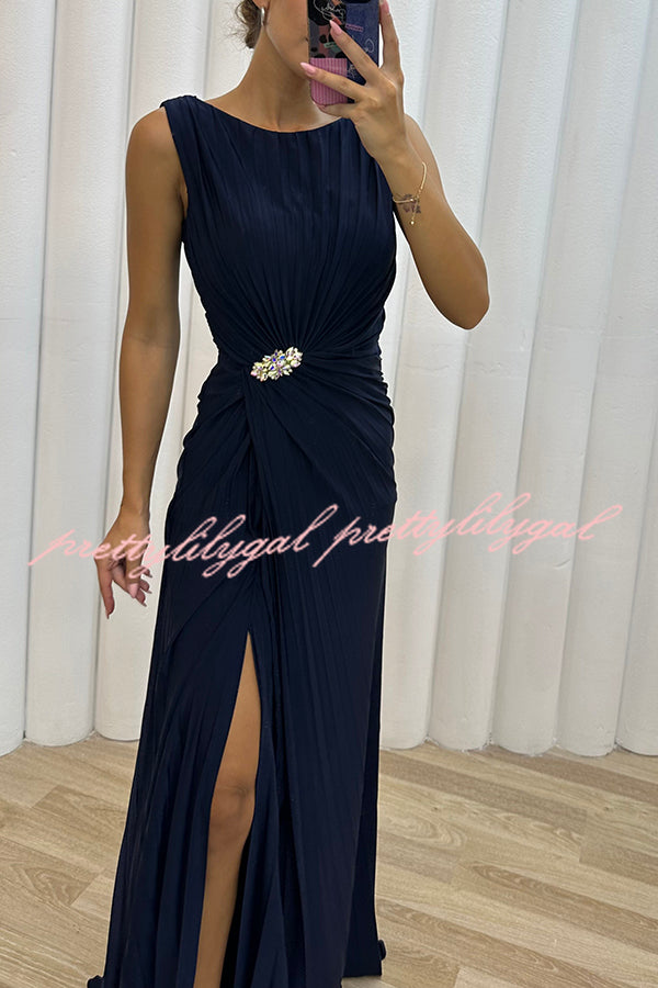 Pretty Special Pleated Embellished Slit Evening Maxi Dress