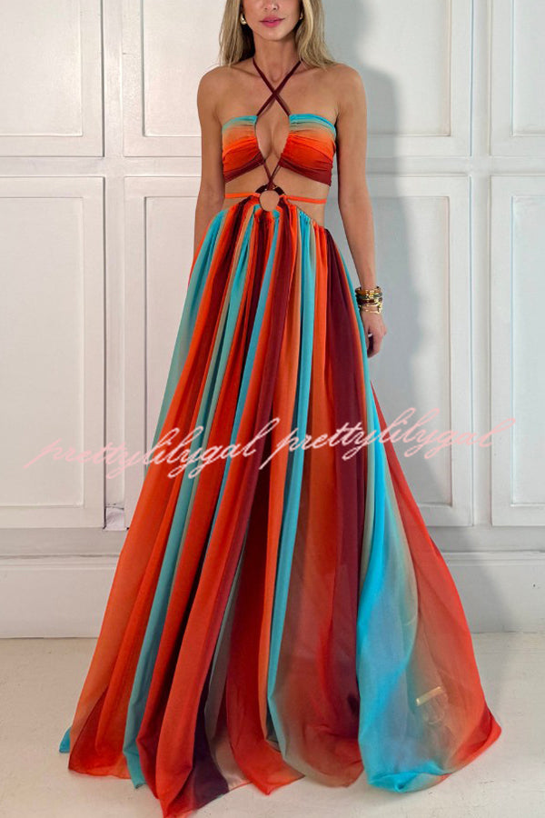 Variety of Styles Tulle Printed Ring Hollow Design Slit Vacation Maxi Dress