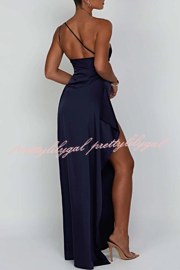 Fits Your Curves Satin One Shoulder Drape Slit Maxi Dress