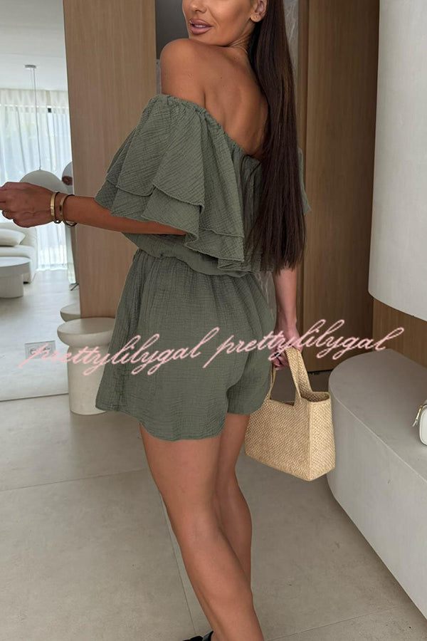 Solid Color Off-shoulder Ruffled Casual Waist Rompers