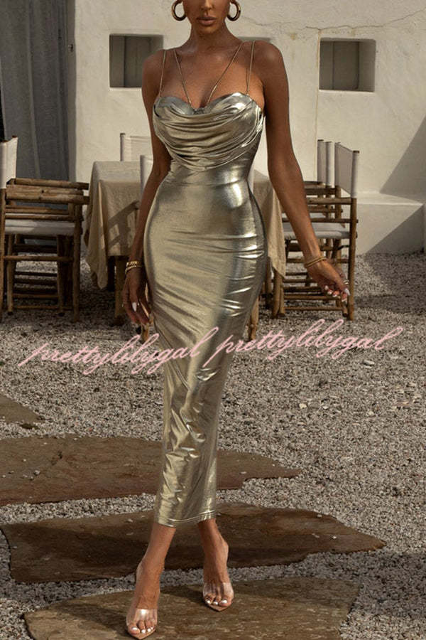 Visions of You Metallic Fabric Cowl Neck Removable Straps Stretch Midi Dress