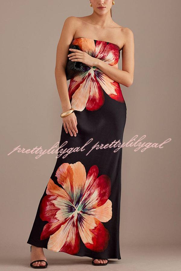 Charming Lady Satin Floral Print Bandeau Loose Maxi Dress