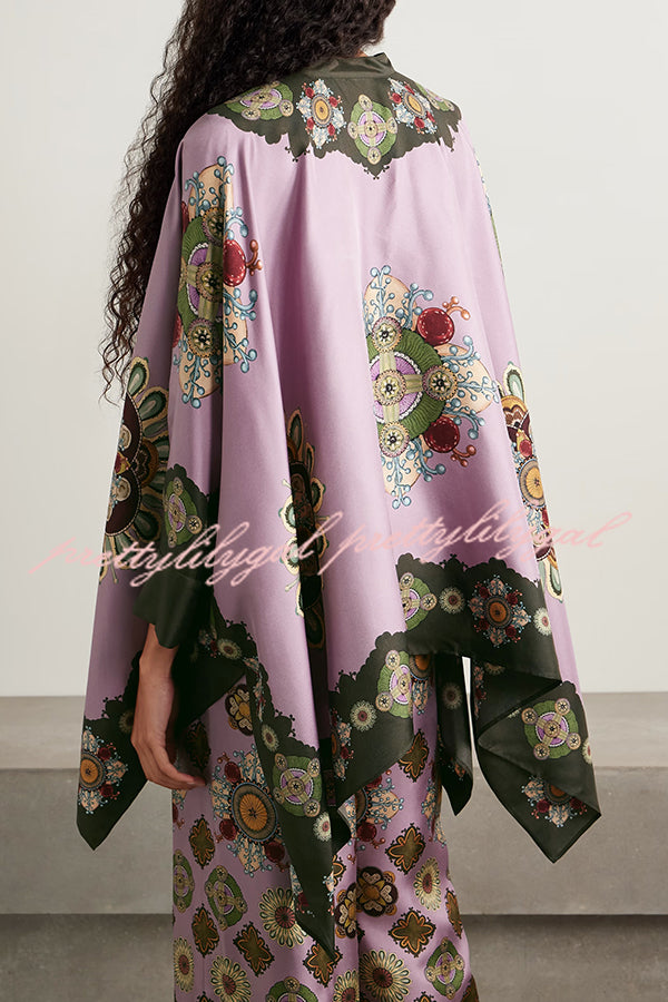 Satin Unique Print Loose Batwing Sleeve Top and Elastic Waist Pocket Casual Wide-leg Pants Set