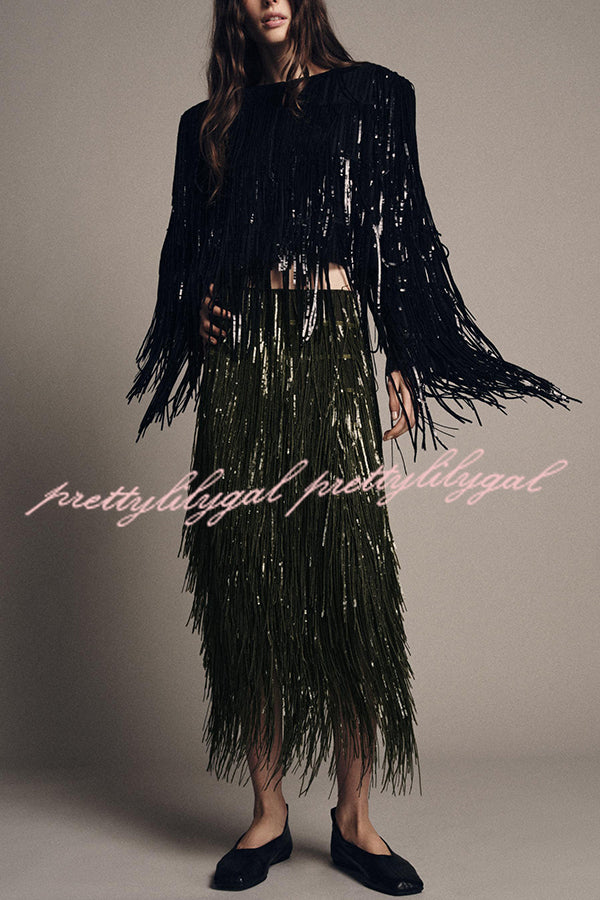 Party Crasher Layered Sequined Tassels High Rise Back Zipper Midi Skirt