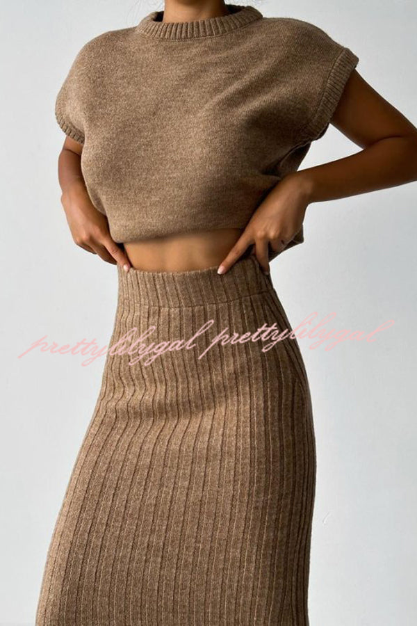 Triko Knit Short Sleeve Sweater and Stretch Ribbed Midi Skirt Set