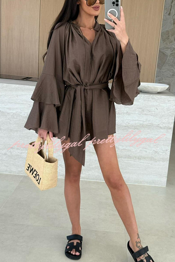 Solid Color V-neck Ruffled Long Sleeve Waist Tie Mini Dress