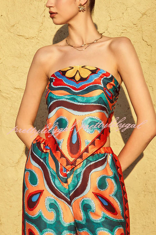 Ethnic Style Unique Print Tube Top and Elastic Waist Casual Pocket Wide Leg Pants Set