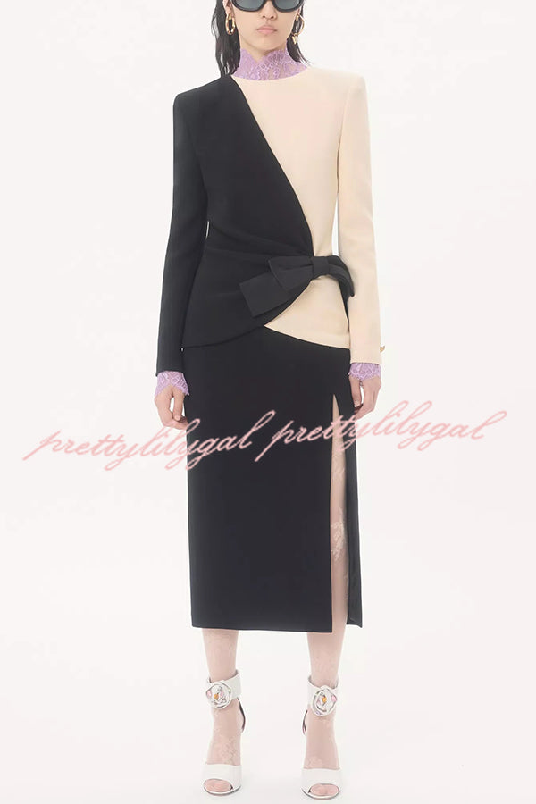 Love Unfolded Contrast Color Side Bow Tie-up Long Sleeve Slit Midi Dress